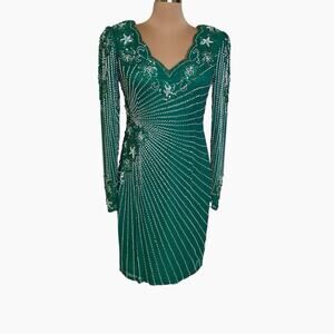 Forever Yours Beaded Dress Green Large Evening Cocktail Knee Length Bling Party